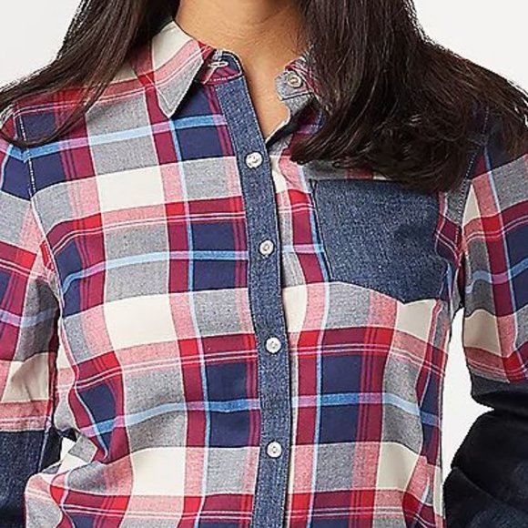 Denim & Co Button-Front Plaid Shirt with Denim Detail 8248 - Picture 3 of 3